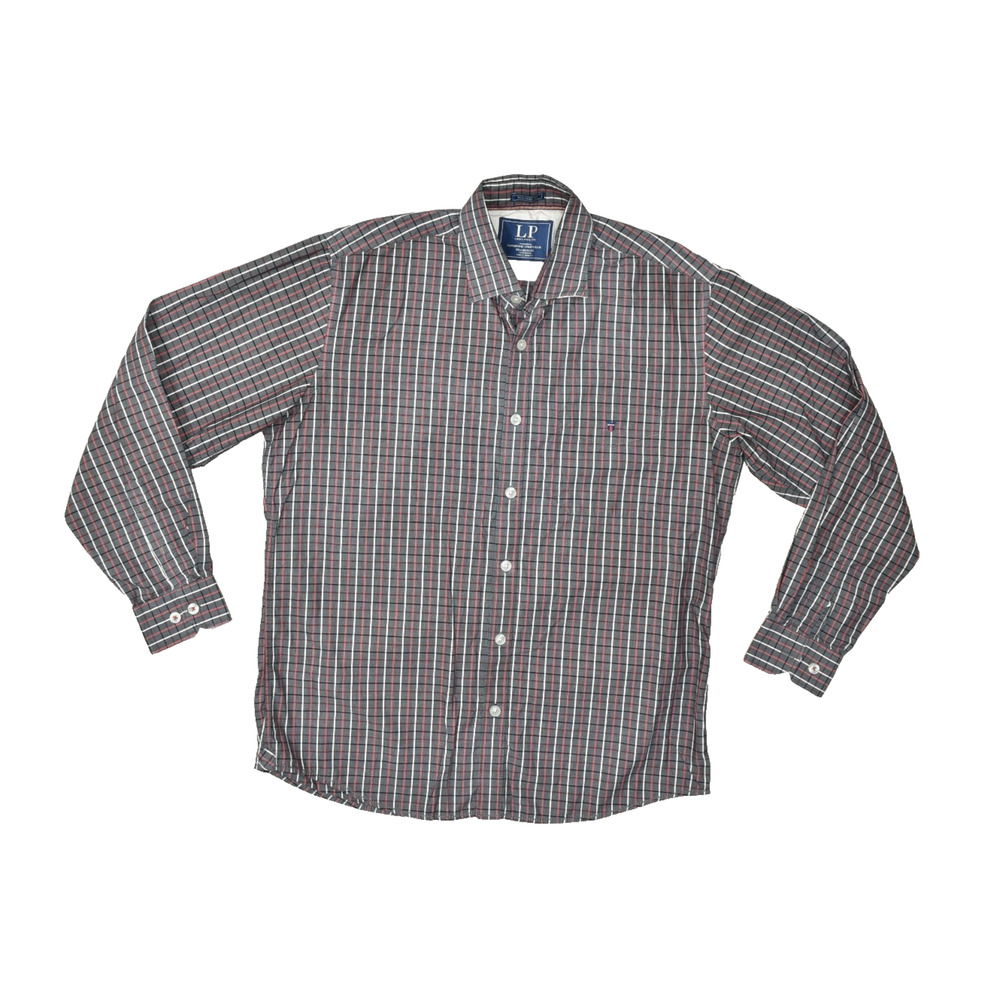 Louis Philippe Tailored Fit Shirt Size 40 Gray Red White Plaid Long Sleeve Butto